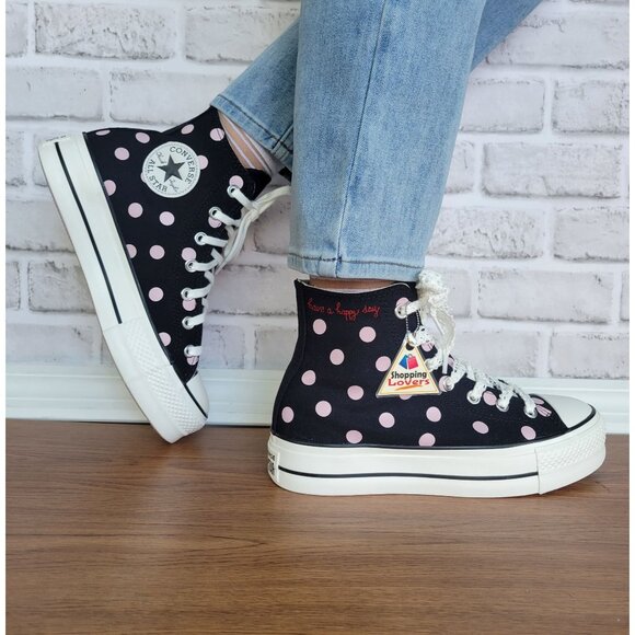 ⭐Converse Lift Platform Polka Dot Hi Canvas 8 Womens Sneakers Black Pink A10688C - Picture 4 of 12